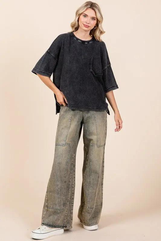 Mittoshop Mineral Wash Waffle Knit Short Sleeve Top for Women - Love Salve